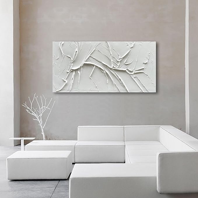 NANKAI Hand-Painted Thick Texture White Minimalist Oil Painting 30x60 Inch Large Contemporary Art Oil Painting, Home, Office Wall Decoration Art