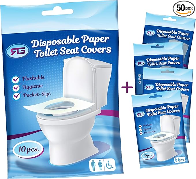 Rockland Guard Toilet Seat Cover - Flushable & Disposable Toilet Seat Cover for Bathroom - Road Trip Accessories & Travel Essentials for Kids & Adults - 5 Resealable Packs with 10 Sheets - 50-Count