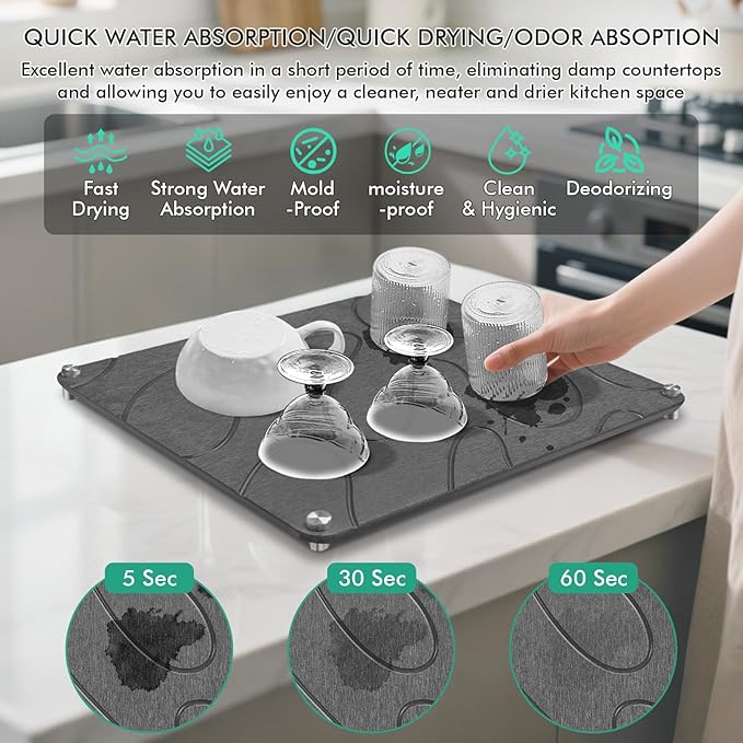 Stone Drying Mat For Kitchen Counter Superb Absorbent Diatomaceous Earth Mats with Non-Slip Feet Quick Dry Stone Dish Drying Pad Dish Pad Multi-Purpose(Flow Line-DarkGrey, 15.7" x 11.8")