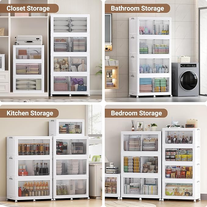 BROVIEW 324 Qt Plastic Storage Bins with Lid, Doors & Wheels, 3Pack Extra Large Stackable Collapsible Storage Bins, Closet Organizers and Storage Drawer, Foldable Cabinets for Home Office, White