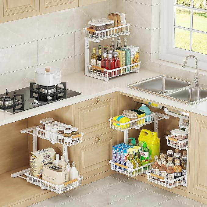 2-Tier Slide Out Under Sink Organizer – 2-Tier Pull-Out Storage Rack, Bathroom organizers and storage for Kitchen and Bathroom, Space-Saving Cabinet Organizer, Rustproof,（White)(2 Pack)