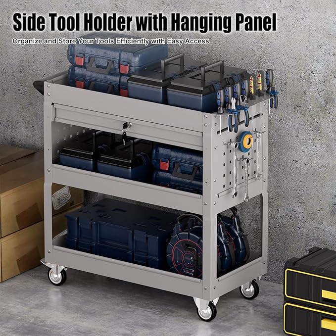 3 Tier Rolling Tool Cart on Wheels, Heavy-Duty Utility Cart Service Cart with Locked Drawers for Garage, Warehouse, Repair Shop, Workshop…