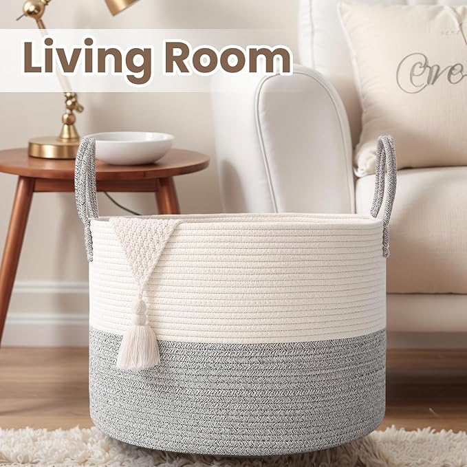 Woven Blanket Basket,65L Large Rope Storage Bin with Handles, Organizer for Blankets Toys Book and Clothes, Laundry Basket for Living Room Bedroom Nursery,White&Grey