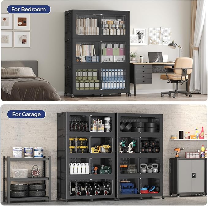 150GAL Extra Large Storage Bins with Lid, 600Qt Stackable Closet Organizers and Drawers, Collapsible Storage Bins with Wheels, Folding Storages Cabinet for Home Bedroom Office, 3Pack Black