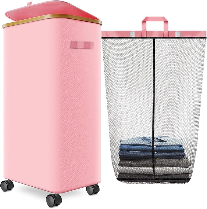 Laundry Hamper with Wheels,29 Gal (110L) Laundry Basket with lid Rolling Clothes Hamper Foldable Dirty Clothes Basket on wheels with Bamboo Frame and Bag for Bedroom, Dorm, Laundry Room-Pink