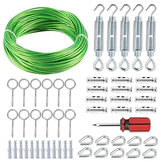 Turnbuckles for Cables Wire, 1/8" X 100Ft Green PVC Coated Wire Rope Kit, Multi-use Steel Cable for Grape Vines/Clothes Line Outdoors for T Post/String Light Hanging/Garden Cable