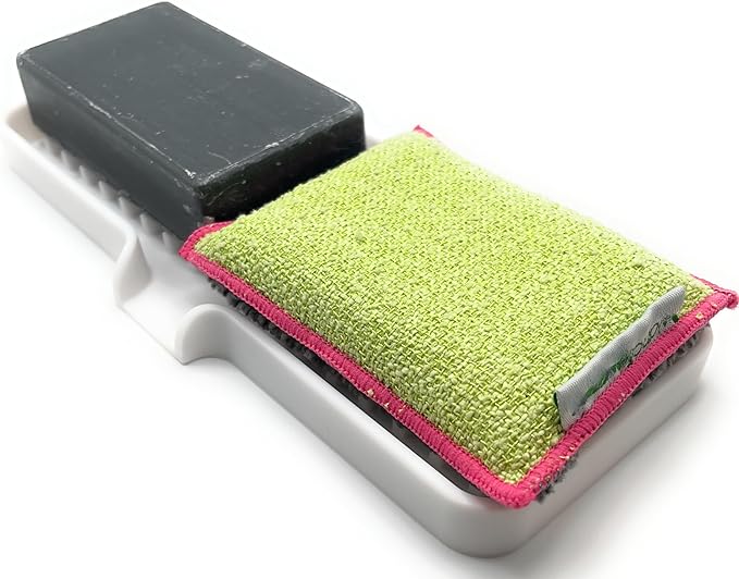 Happitasa Silicone Soap Dish Tray and Sponge Holder with Drain Chute | Bathroom and Kitchen Sink Organizer Caddy (White, 9"x3.5", 5.6 Ounces)