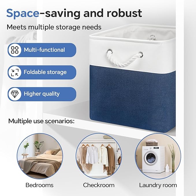 13x13 Inch Cube Storage Bins with Reinforced Bottom Cardboard, 6 Pack Large Collapsible Fabric Storage Cubes with Handles for Shelf, Closet, Toy, Laundry Organization (White&Navy Blue)