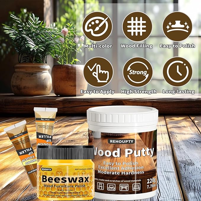 Wood Furniture Repair Kit, All-in-One Large Capacity Floor Repair Kit Include Wood Putty & 12 Colors Wood Touch Up Filler and Beeswax, Vinyl Floor Repair Kit for Scratch, Cracks, Stain, Holes