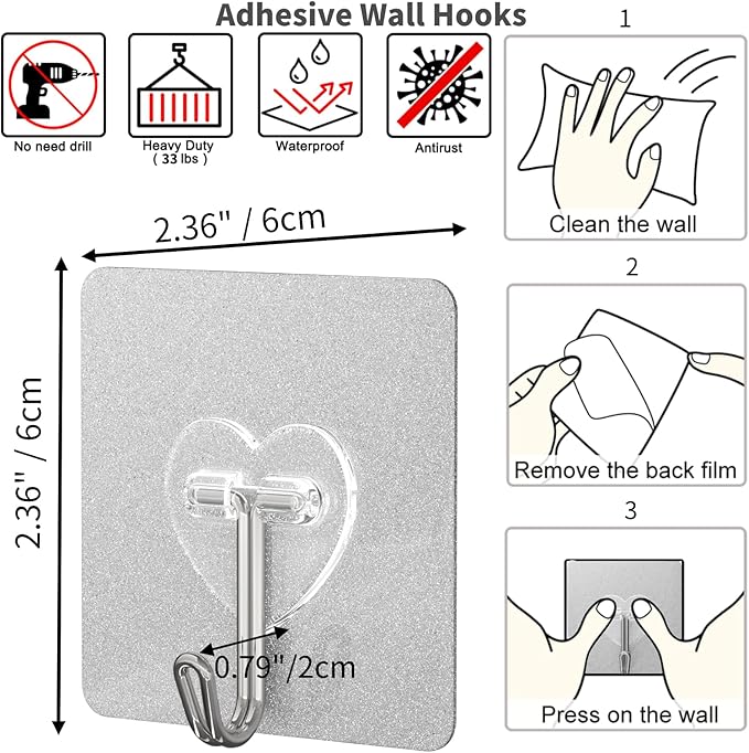 DGYB 20 Pcs Adhesive Hooks for Hanging 22lb Self Adhesive Wall Hooks Heavy Duty Waterproof Transparent Sticky Hook for Shower Home Bathroom Kitchen Office
