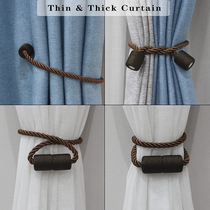 6 Pack Coffee Strong Magnetic Curtain Tiebacks Outdoor Elegant Decorative Tie Backs Modern Rope Tiebacks for Drapes Window Curtain Holdbacks for Draperies