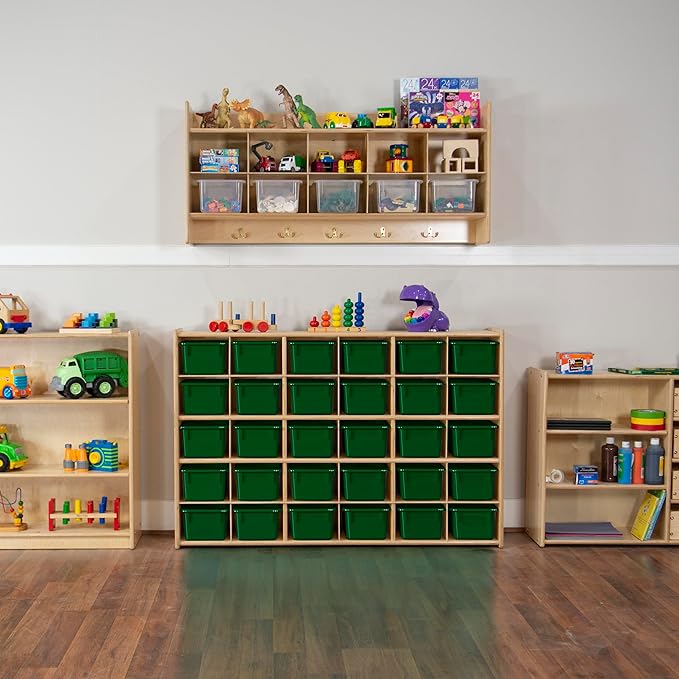Wood Designs Cubby Storage Bin, Heavy Duty Plastic Containers for Kids Green Cubby Tray Set of 25