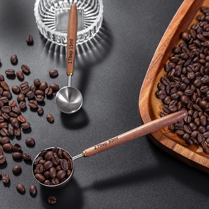 4PCS Wood Scoops for Jars Wooden Scoops for Canisters 2Tbsp + 1Tbsp Measuring Spoons for Coffee Bean Powder Coffee Scoop Measuring Scoop for Salt Sugar Multipurpose-Black Walnut+304 Stainless Steel