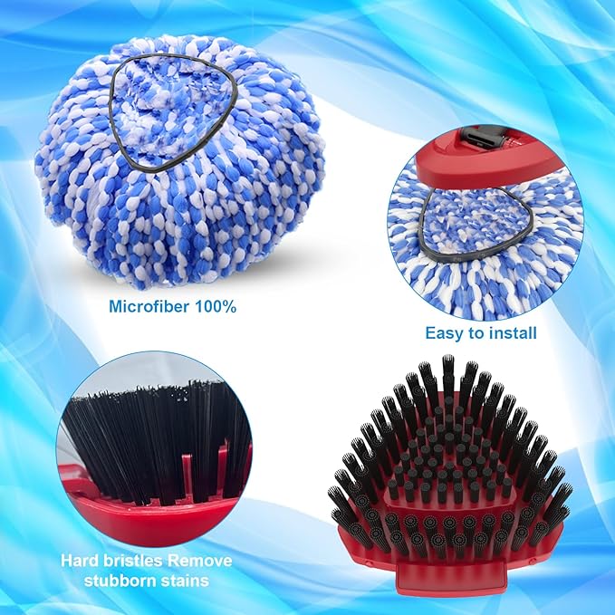 Spin Mop Head and Brush Replacement Compatible with O Cedar RinseClean 2-Tank System, 4 Mop Replace Heads, 1 Handle, 1 Base and 1 Scrub Brush Combo Set