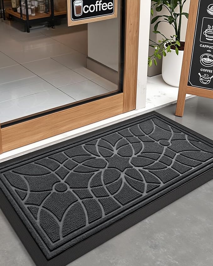 DEXI Front Door Mat Outside Entrance, Heavy Duty Non Slip Low Profile Doormat for Entryway, Trap Dirt and Moisture Welcome Mats, Easy Clean, Patio, Garage, 4x2, Grey