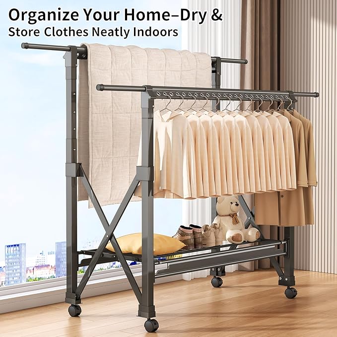 Heavy Duty Rolling Clothing Rack with Wheels, Portable Double Rod Metal Garment Rack, Clothes Drying Hanging Organizer for Laundry, Storage, Freestanding Adjustable Coat Hanger (Extendable, Grey)
