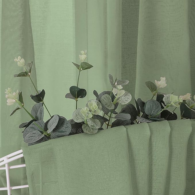Tollpiz Short Sheer Curtains Linen Textured Bedroom Curtain Sheers Light Filtering Rod Pocket Voile Curtains for Living Room, 54 x 45 inches Long, Sage Green, Set of 2 Panels