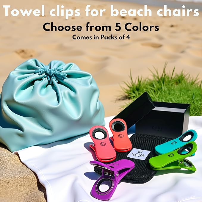 CoreClips Towel Clips for Beach Chairs - Set of 4 Pool Towel Holder Clips for Lounge Chairs on Cruise, Large 2.5” Opening Heavy Duty Clip for Towels on Boat Loungers with Travel Pouch - Turquoise