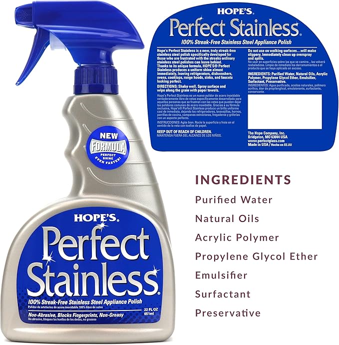HOPE'S Perfect Stainless Steel Cleaner 22-Ounce, Streak-Free Self- Polishing Formula, Blocks Fingerprints, Pack of 2, 44 Fl Oz