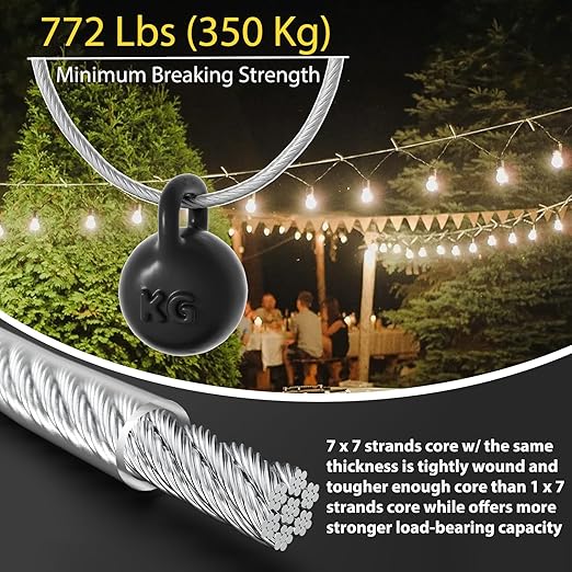 1/8" Wire Rope Kit, 100 Ft PVC Coated Steel Cable Guide Wire Tensioner Strainer Kit w/ 7×7 Strand Core Steel Wire for String Light Hanging Kit/Decking & Stair Railings/Shade Sails/Clothes Line