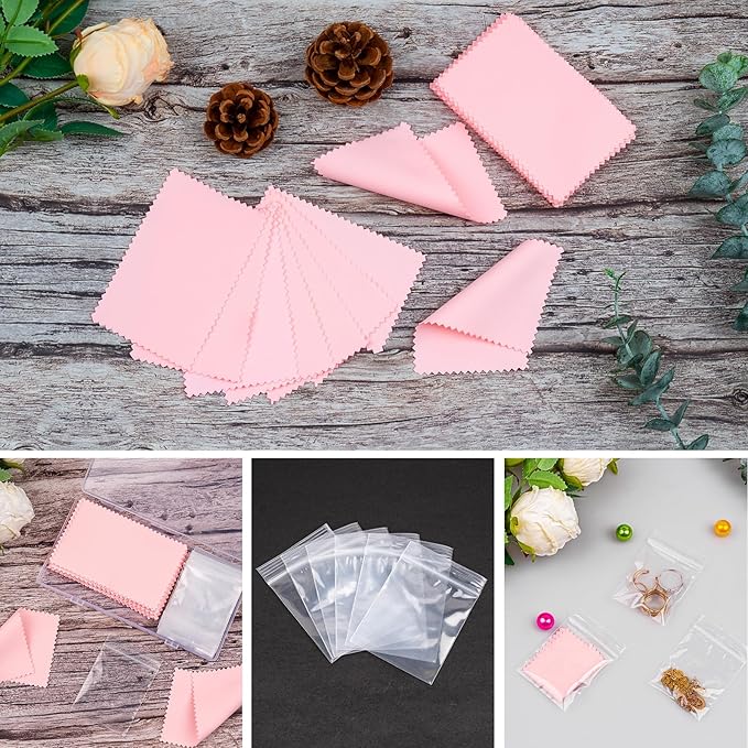 28 Pcs Jewelry Polishing Cloth for Sterling Silver Jewelry, Pink Cleaner Cloth for Rings, Includes 40 Pcs Small Jewelry Bags, Gift for Men and Women