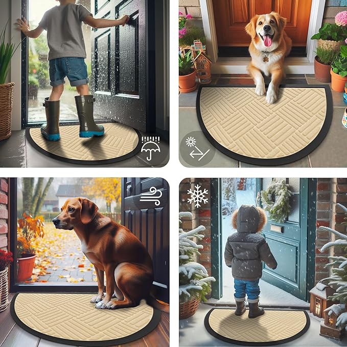 Smiry Half Circle Front Door Mat Outside Entrance, Heavy Duty Outdoor Indoor Natural Rubber Doormat, Non Slip, Trap Dirt and Moisture, Easy Clean, Low Profile Patio Porch Entryway Mat, 29.5x17, Beige