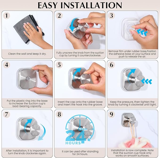 Suction Cup Hooks for Shower - Reusable No-Drill Mounting - Hooks for Towels, Robes & Loofah on Metal, Glass, Mirrors, Tile & Smooth Non-Porous Surfaces (4, Brushed Nickel)