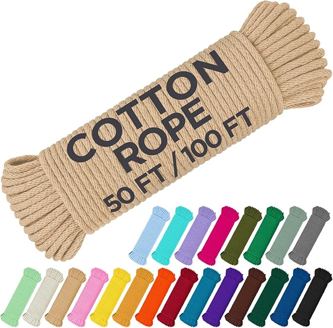 TECEUM Cotton Rope 3/16” (5 mm) – 100 FT – Strong All-Purpose Braided Rope – Natural Cotton – for Crafting, Сamping, Clothes Line, DIY, Indoor & Outdoor Use – Beige