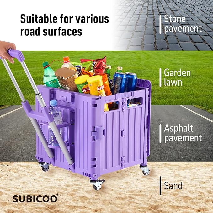 Folding Utility Cart Portable Rolling Crate Handcart Shopping Trolley Collapsible Tool Box, with Lid, Basket on 4 Rotate Wheels, for Grocery, Shopping, Office, Storage, Teacher (Purple)