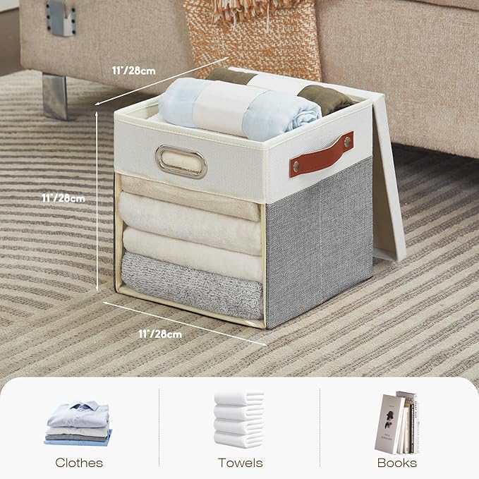 Fabric Storage Cubes with Clear Windows and Lids, 11'' Foldable Storage Bins with 3 Handles, Decorative Storage Boxes for Home, Bedroom, Closet, Office (Gray & White)