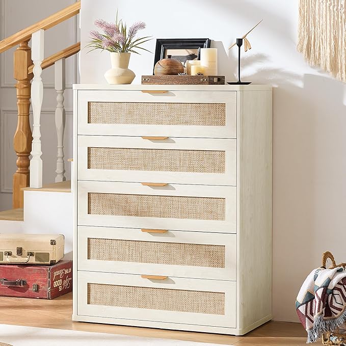 LEYAOYAO White Dresser for Bedroom, 41" Tall Chest of Drawers, Modern 5 Drawers Boho Rattan Dressers with Storage, Dresser Wooden Closet Organizer for Living Room, Hallway