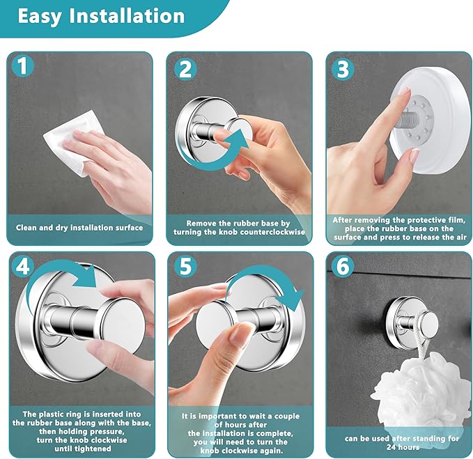Suction Cup Hooks for Shower,Removable No Drill Towel Hooks,Upgraded 15 lbs Strong Suction hooks for Bathroom Tile,Shower Wall,Glass Door,Kitchen-Loofah,Coat,Stainless Waterproof-Chrome 4 Pcs