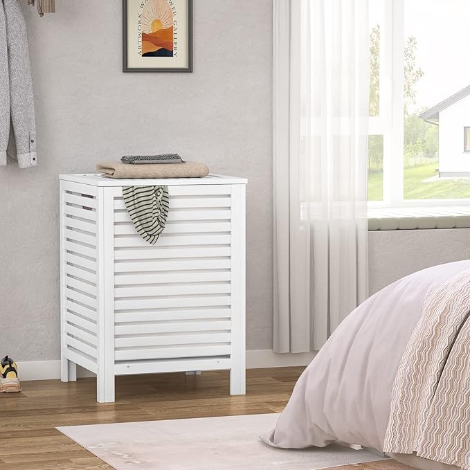 Homykic Bamboo Laundry Hamper with Lid, 120L Large Clothes Laundry Sorter with Removable 2-Section Liner Bag, Raised Laundry Basket Organizer for Clothing, Bathroom, Bedroom, Laundry Room, White