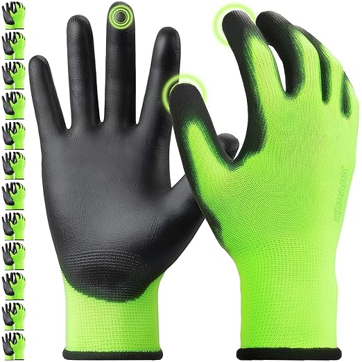 Kebada W1 Work Gloves for Men and Women, PU Coated Safety Gloves with Grip, Touchscreen, Ideal for Warehouse Package Handling, Construction, Gardening, Green Large