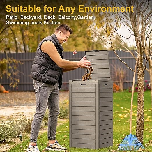 31 Gallon Outdoor Trash Can with Tiered Lid and Drip Tray,Waterproof Resin Waste Bin Indoor,Durable,Stylish,Lightweight Garbage Bin for Patio,Kitchen,Backyard and Office(Gray)