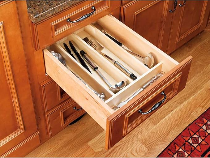 Rev-A-Shelf Trim-to-Fit Silverware Drawer Organizer For Kitchen Utensils, Cutlery Cabinet Storage Divider Insert, 18.5X22 X 2 7/8" D, Maple Wood, 4WUT-1