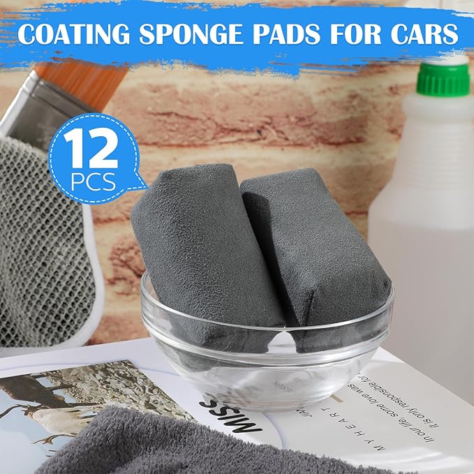 Riakrum 12 Pack Microfiber Applicator Pads Suede Car Detailing Sponge Ceramic Coating Applicator Pads Coating Sponge for Cars Graphene Metal Plastic Trim Ceramic Spray Applying Wax