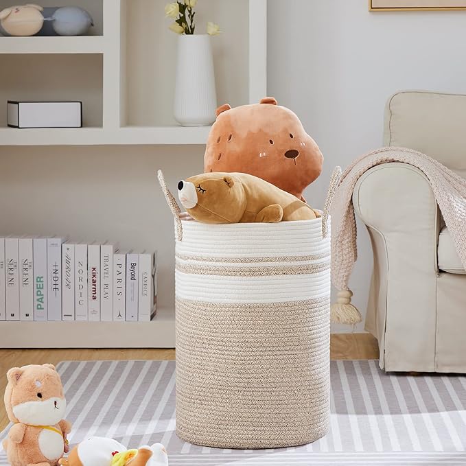 VIPOSCO Large Laundry Hamper, Tall Woven Rope Storage Basket for Blanket, Toys, Dirty Clothes in Living Room, Bathroom, Bedroom - 72L Brown & White
