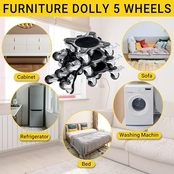 3306Lb Furniture Dolly Set, Furniture Movers with 5 Wheels Heavy Duty, Carbon Steel Panel Heavy Duty Dolly, 360° Rotation with Brake, Double Bearings, Furniture Lifter Move Tool