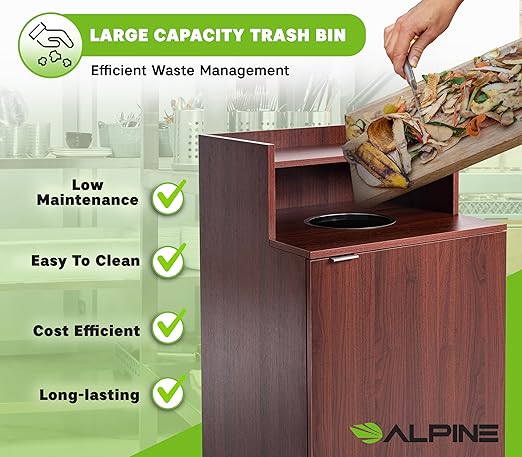 Alpine Restaurant Trash Bin Cabinet - Commercial Trash Can Garbage Receptacle Indoor with Tray Holder for 32 Gallon Garbage Bin (Mahogany)