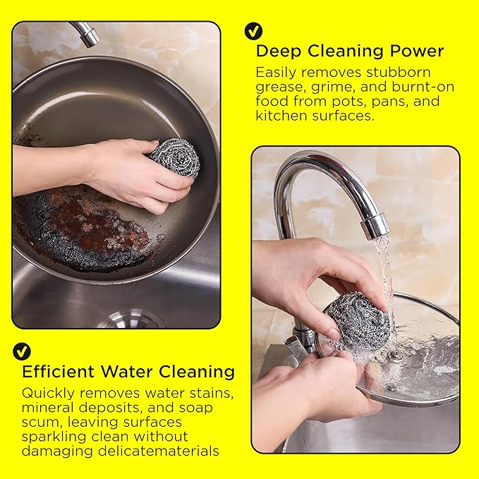 6 Pcs Simba Stainless Steel Wool Scrubber Pads for Cleaning Pans, Pots, Dishes, Ovens, Grills, Sinks, Bathroom and Kitchen, Scourer 6 Pack