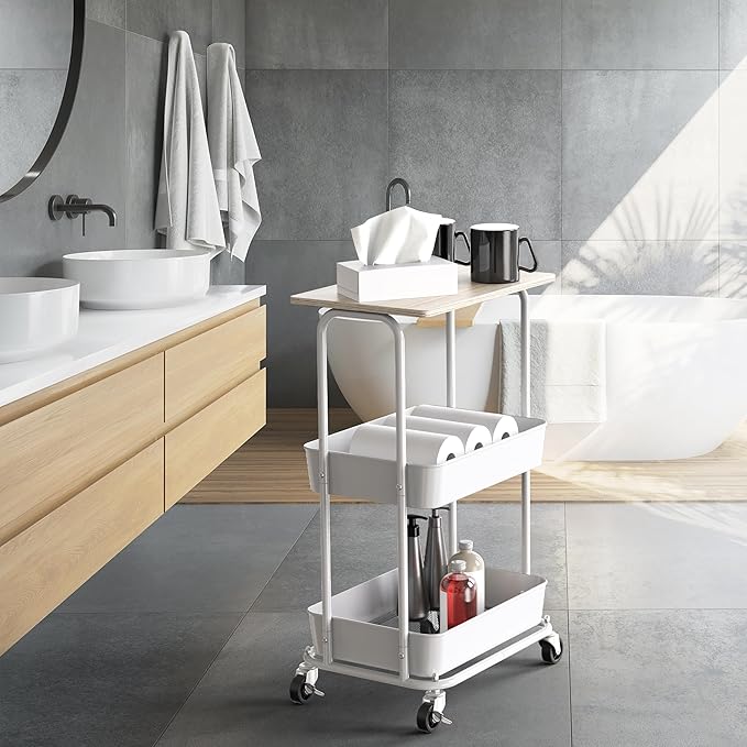 Simple Houseware 2-Tier Rolling Utility Cart with Lockable Wheels and Wood Top, Metal Storage Organizer Trolley for Kitchen, Bathroom, Office, Craft Room, Maple