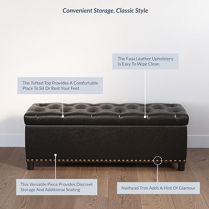 BELLEZE 47" Storage Ottoman, Storage Bench with Safety Close Hinge, Faux Leather Button-Tufted Ottoman for Living Room, Entryway, Hallway, Foot Rest, Support 300lbs - Dark Brown