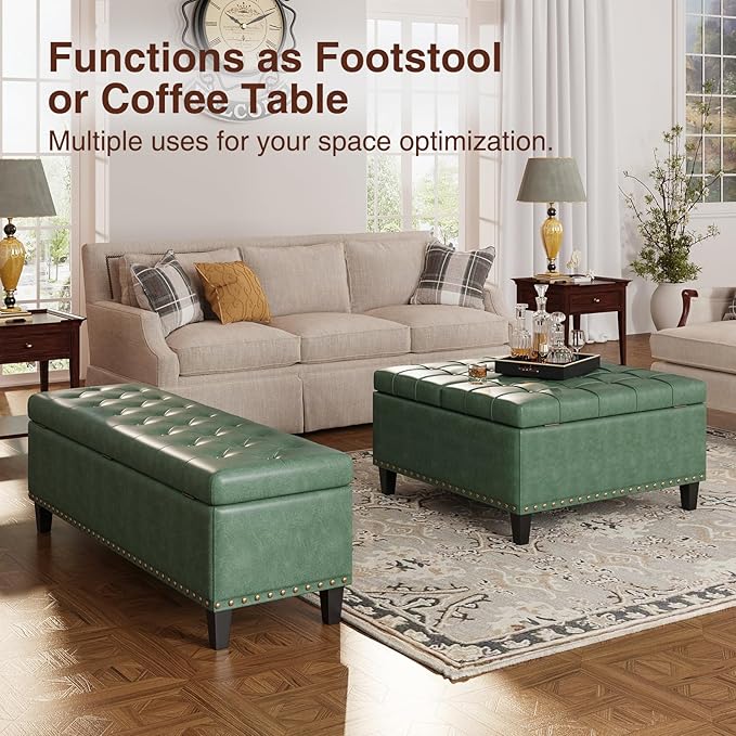 Storage Ottoman Bench, 51-Inch Large Storage Bench for Bedroom End of Bed, 30 Gallons Faux Leather Bench for Bedroom, Living Room, Entryway, Hallway, Green
