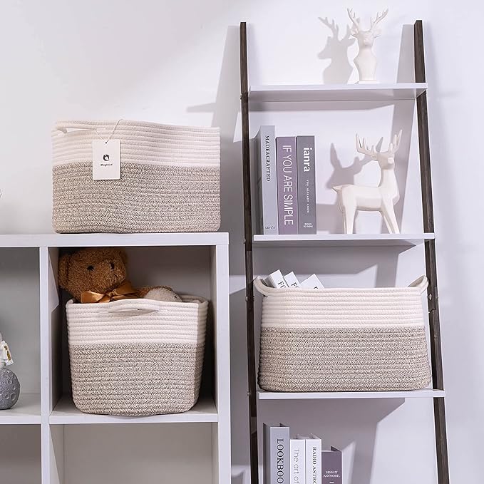 Medium and Large Woven Basket//With Handle, Used for Toys and Fabric Storage Basket used for Storing xl Storage Box, Decorative Storage Box Room 2pack (14L*10W*8.6H White Brown, 14Lx10Wx8.6H)