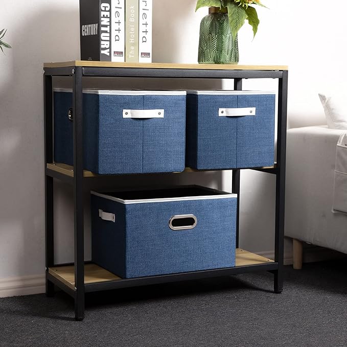 PRANDOM Larger Collapsible Storage Bins for Closet [5-pack] Decorative Linen Fabric Storage Baskets Cubes with Leather/Metal Handles for Living Room Royal Blue (17.3x12.2x10.4 Inch)