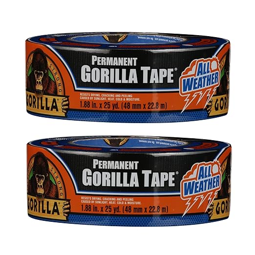 Gorilla All Weather Duct Tape, Black, 1.88" x 25 yd (Pack of 2) - UV and Temperature Resistant Waterproof Tape for Outdoor Repairs