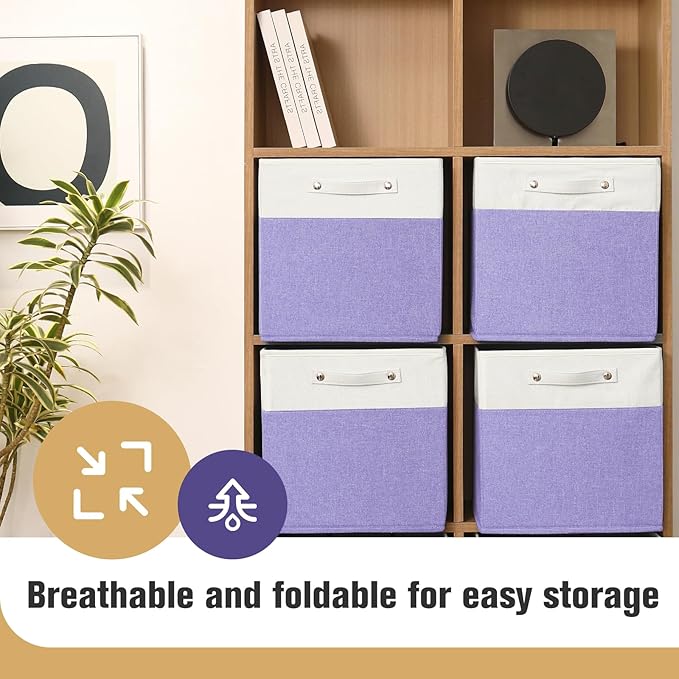 13 x 13 Inch Fine Linen Storage Bins with Handles，Fabric Cube Boxs，Collapsible Basket Organizers for Shelves for Home, Closet Drawers (White/Purple-4 Pack)