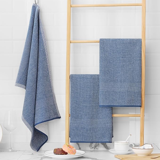 Homaxy Premium Kitchen Towels(18”x 28”, 12 Pack), Large Cotton Kitchen Hand Towels, Flat and Terry Dish Towels, 380 GSM Highly Absorbent Tea Towel Set with Hanging Loop, Navy Blue
