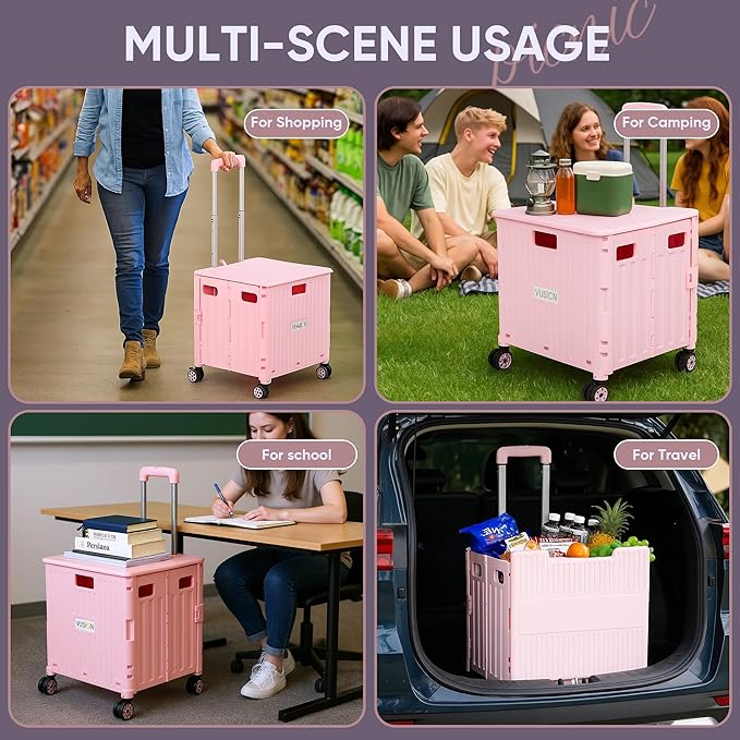 VUSIGN Folding Utility Cart, Foldable Rolling Crate Handcart with Lid, Portable Collapsible Shopping Trolley Tool Box, 4 Rotate Wheels for Grocery, Office, Travel, Teacher, Luggage, Pink